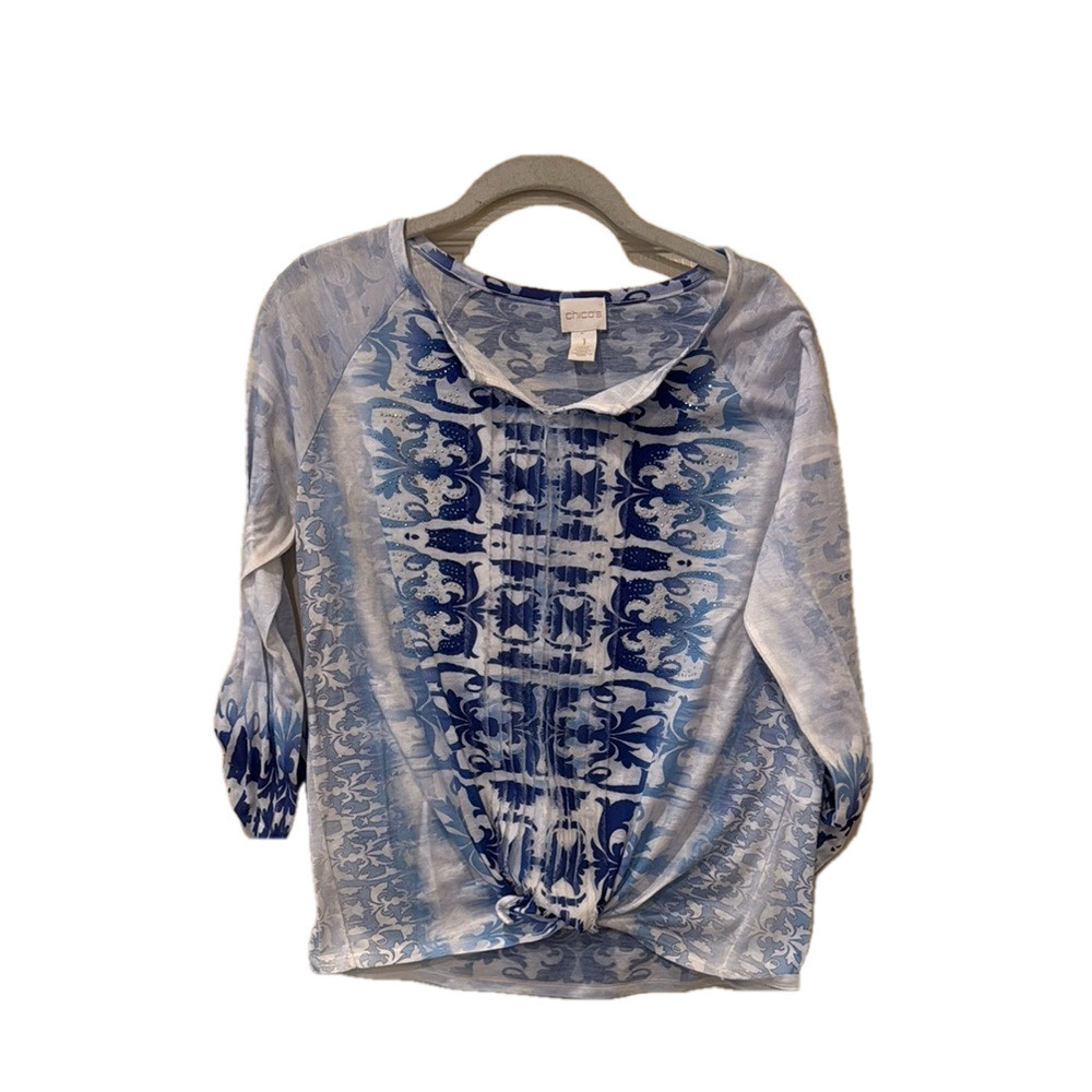 Chicos blue/white embellished top, size 1 🔵